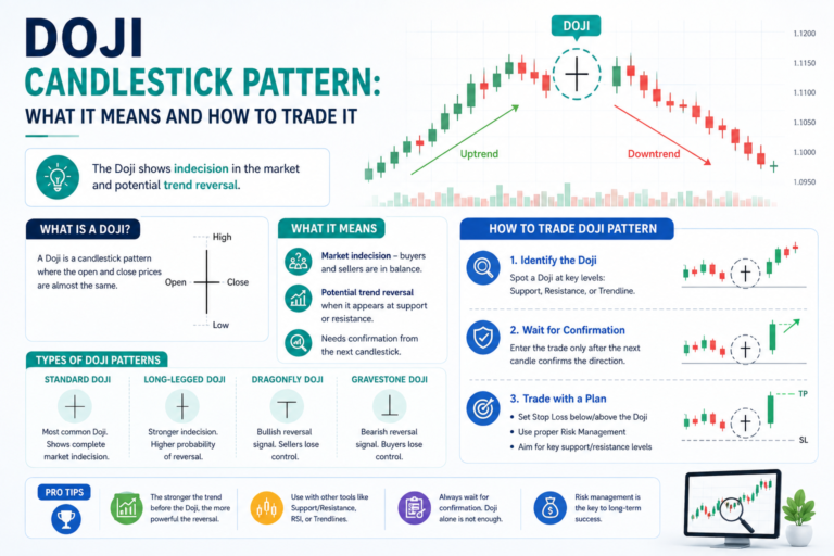 Stock market chart displaying the 4 types of the Doji candlestick pattern: standard, long-legged, dragonfly, and gravestone.