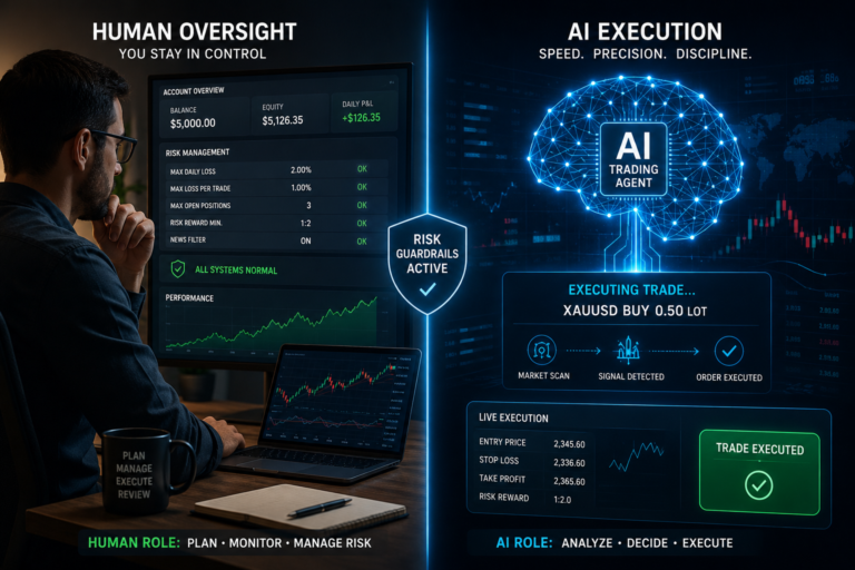 "Trader monitoring an AI agentic trading dashboard with risk guardrails and live execution alerts"
