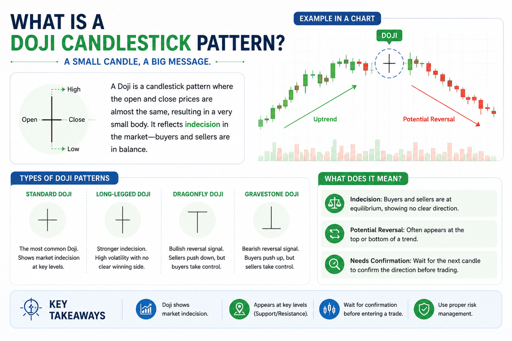 Stock market chart displaying the 4 types of the Doji candlestick pattern: standard, long-legged, dragonfly, and gravestone.
