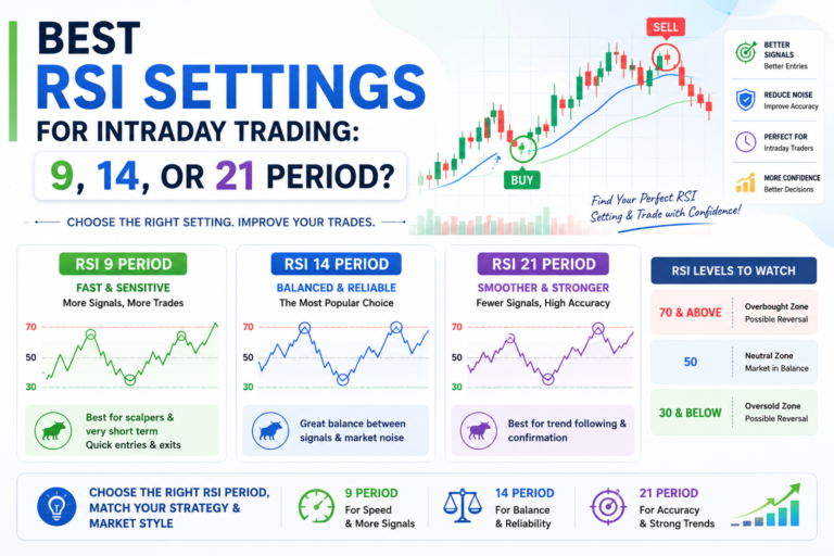 A comparison chart showing the best RSI settings for intraday trading comparing RSI 9, RSI 14, and RSI 21 on Indian stock market charts.