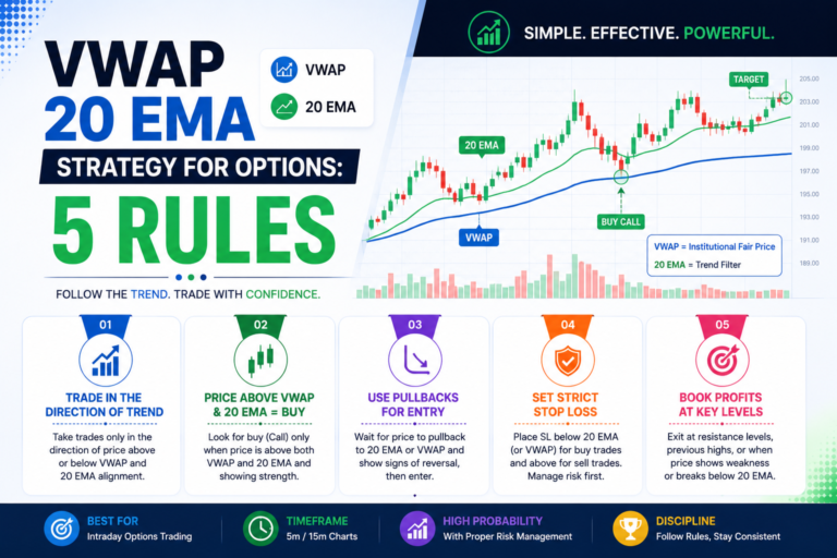 VWAP 20 EMA strategy for options showing intraday trading signals on a price chart