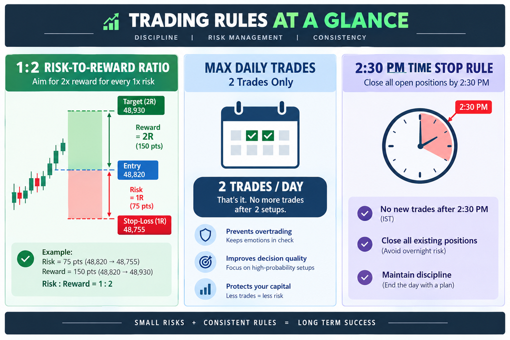 Diagram detailing intraday risk management rules including 2 trades per day limit, 1:2 risk-reward ratio, and 2:30 PM time stop.