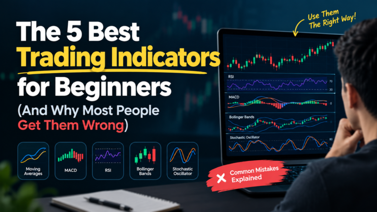 Dark chart graphic for the best trading indicators for beginners, featuring candlesticks and a gold moving average line.