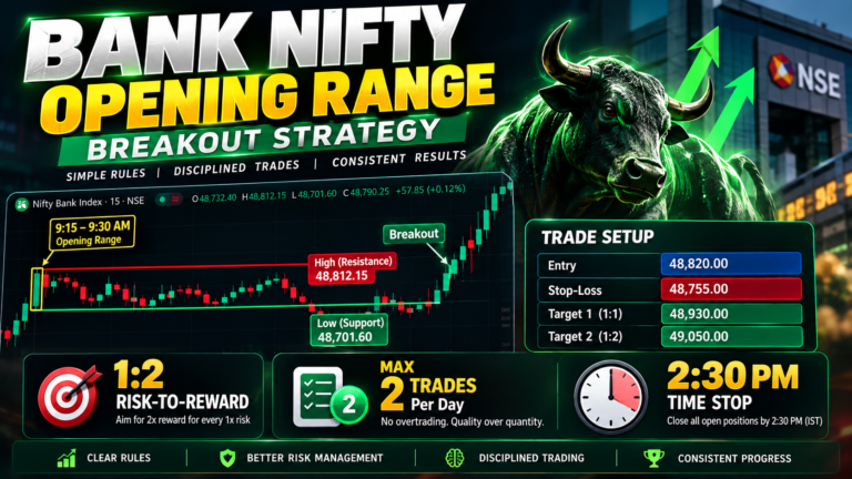 Bank Nifty expiry strategy trading setup showing 15-minute chart breakout, VWAP indicator, and 1:2 risk reward ratio.