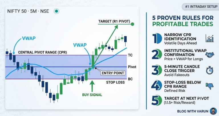 Diagram showing dynamic VWAP line crossover through narrow CPR indicator zone for high win rate Nifty 50 intraday trading strategy
