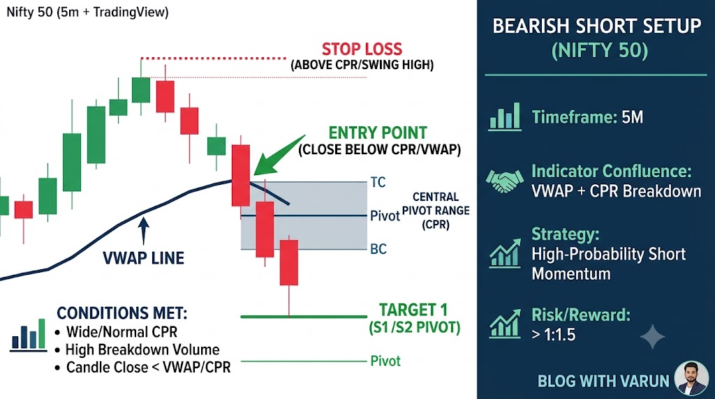TradingView 5-minute Nifty 50 chart displaying a bearish vwap cpr breakdown short setup with entry point, stop loss, and target levels