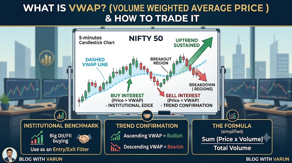 Infographic explaining what is VWAP Volume Weighted Average Price calculation and how institutional traders use it on a Nifty 50 5 minute chart
